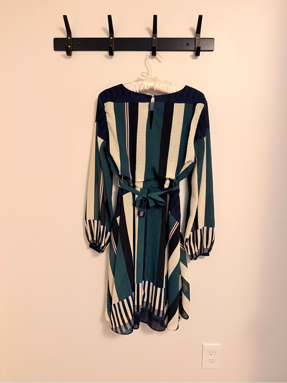 Sunday in Brooklyn Teal, Navy, Cream, Black Striped Long-Sleeve Waist-Tie Dress - Picture 3 of 5